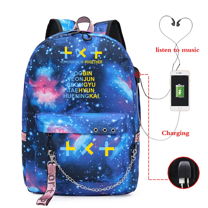 Рюкзак для ноутбука с USB-зарядкой рюкзак книг Kpop TXT женский SOOBIN YEONJUN школьные сумки