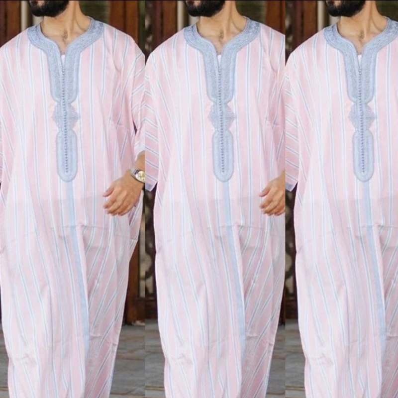 

Muslim Dresses for Mens Long Sleeve Stripes Dubai Shirt Kaftan Thobe Robe Gown Straight Leisure Race Style Clothing