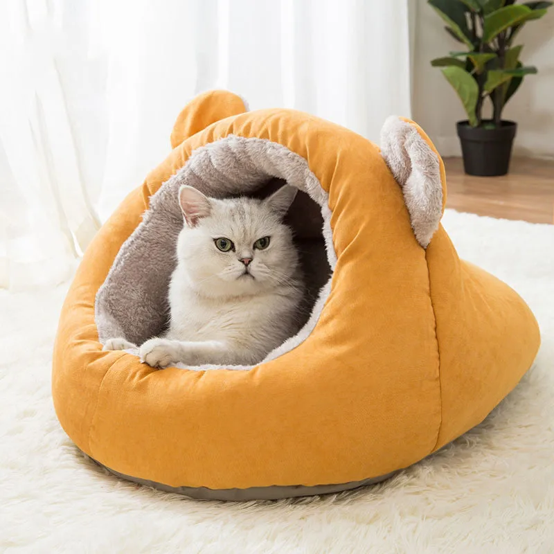 

Cat Cave Bed Warming Dog Beds Sleeping Bag Indoor Yellow Cozy House Comfortable Washable Tent for Cats and Small Medium Dogs
