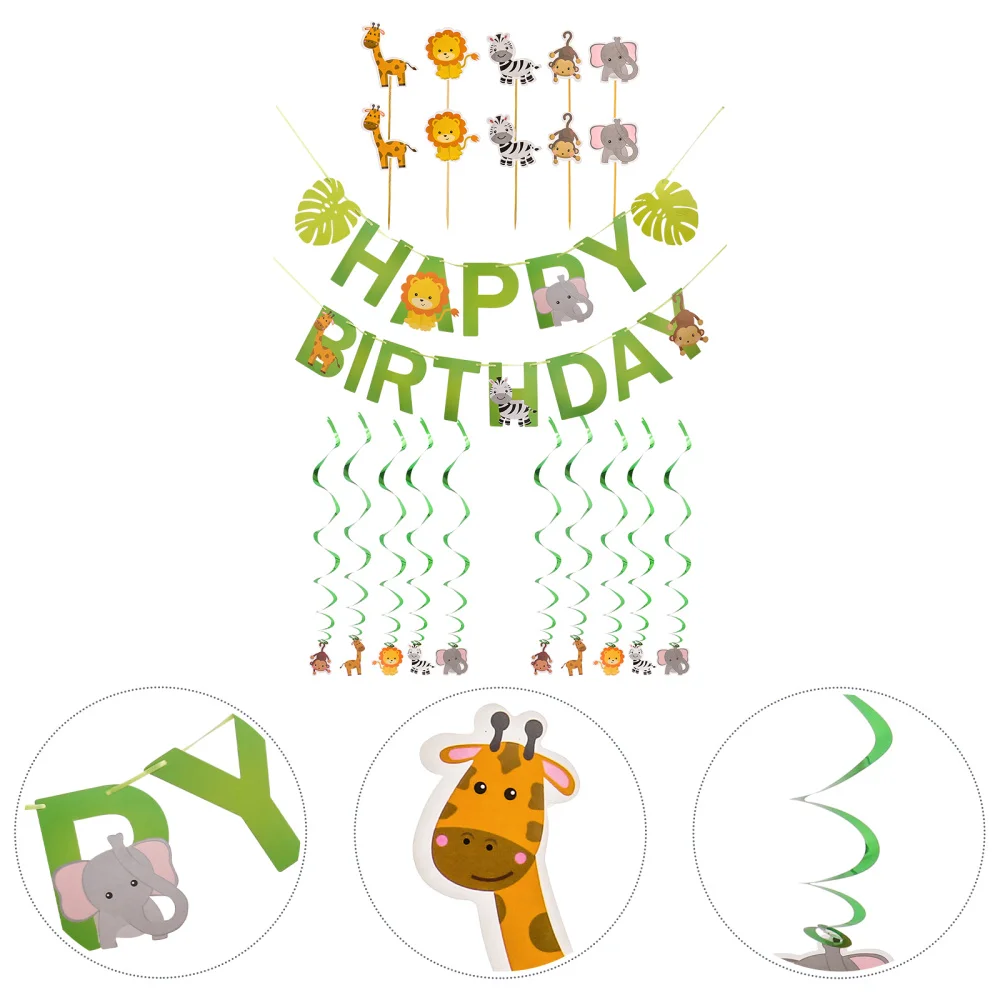 

31Pcs Animal Themed Birthday Banners Ornament Paper Cake Picks Set Party Supply