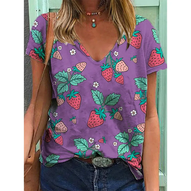 

Casual Women's Strawberry Print T-shirt Short Sleeve V-neck Tops Summer Loose Print Tops