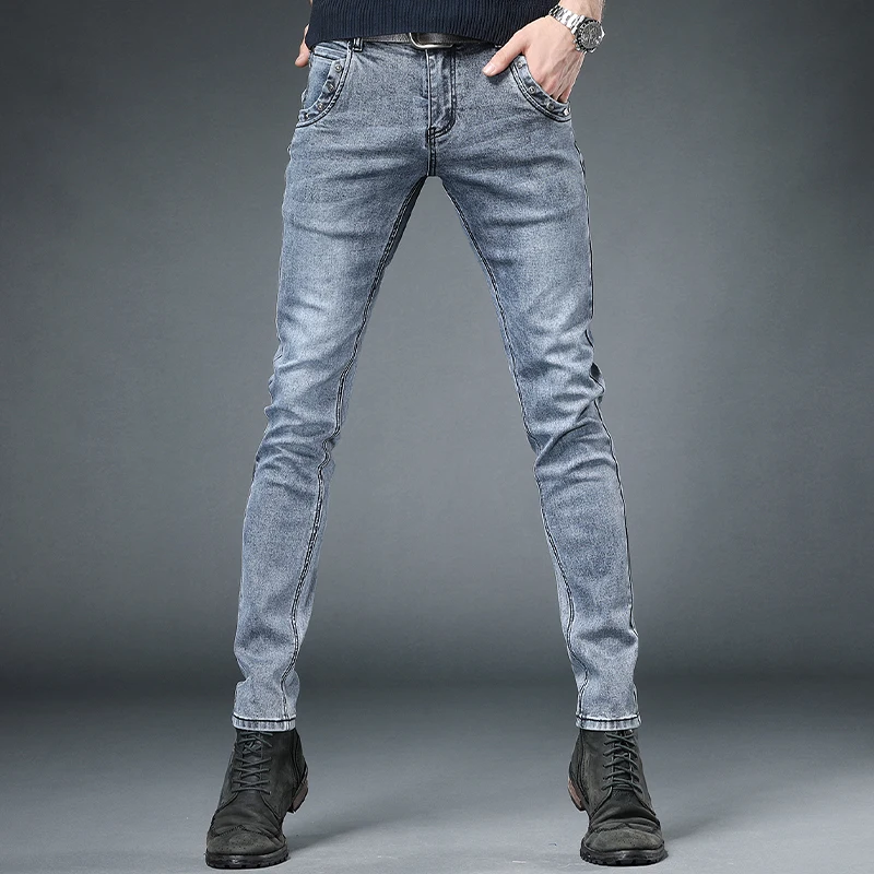 

Men's Business Casual Stretch Blue Gray Jeans Regular Straight Pants Streetwear Slim Fit Denim Trousers