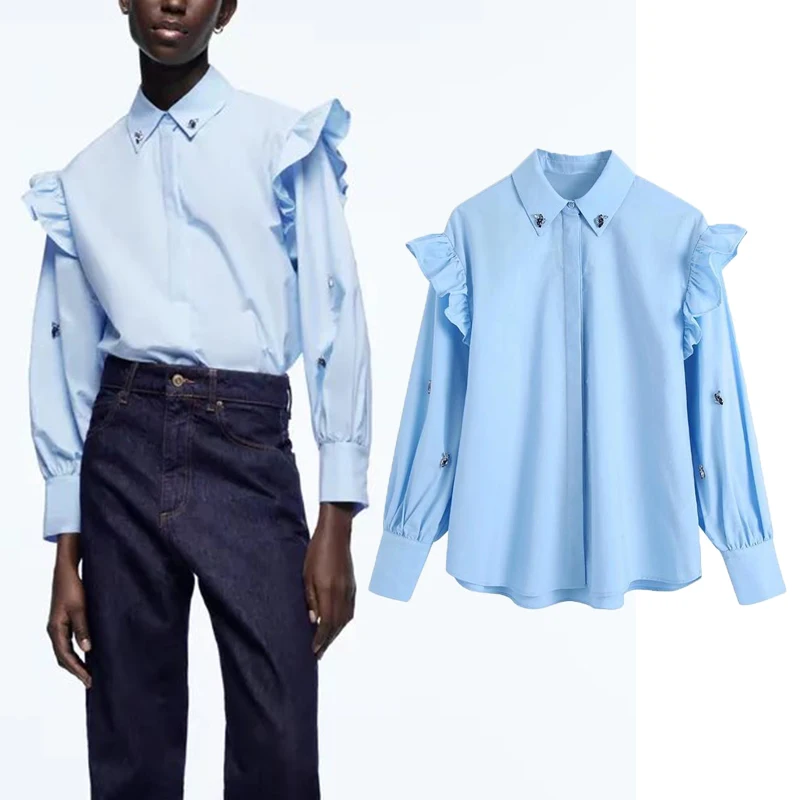 

Women Fashion Diamonds Blouse Shirt 2022 Single Breasted Casual Tops Long Sleeve Female Turn Down Collar Shirts
