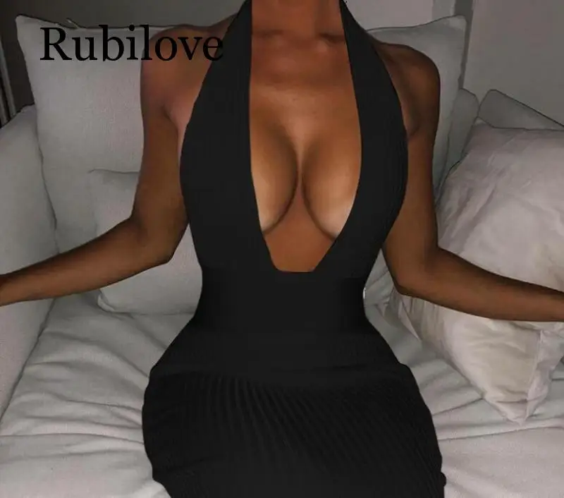 

Rubilove Women Halter V-Neck Party Dresses 2019 Autumn Summer Knitted Sexy Slim Bodycon Bandage Long Maxi Dress Vestidos