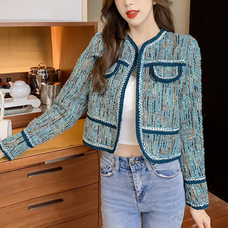 

2021 Spring Autumn Vintage Green Tweed Jacket Female High Quality O-Neck Elegant Short Top Coat Streetwear Casual Women Clothing