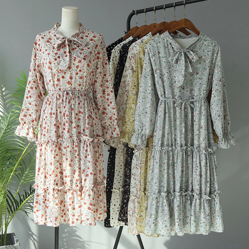 

Женское шифоновое платье в горошек, элегантное плиссированное платье в Корейском стиле с бантом на воротнике, оборками и длинным рукавом, XZ719