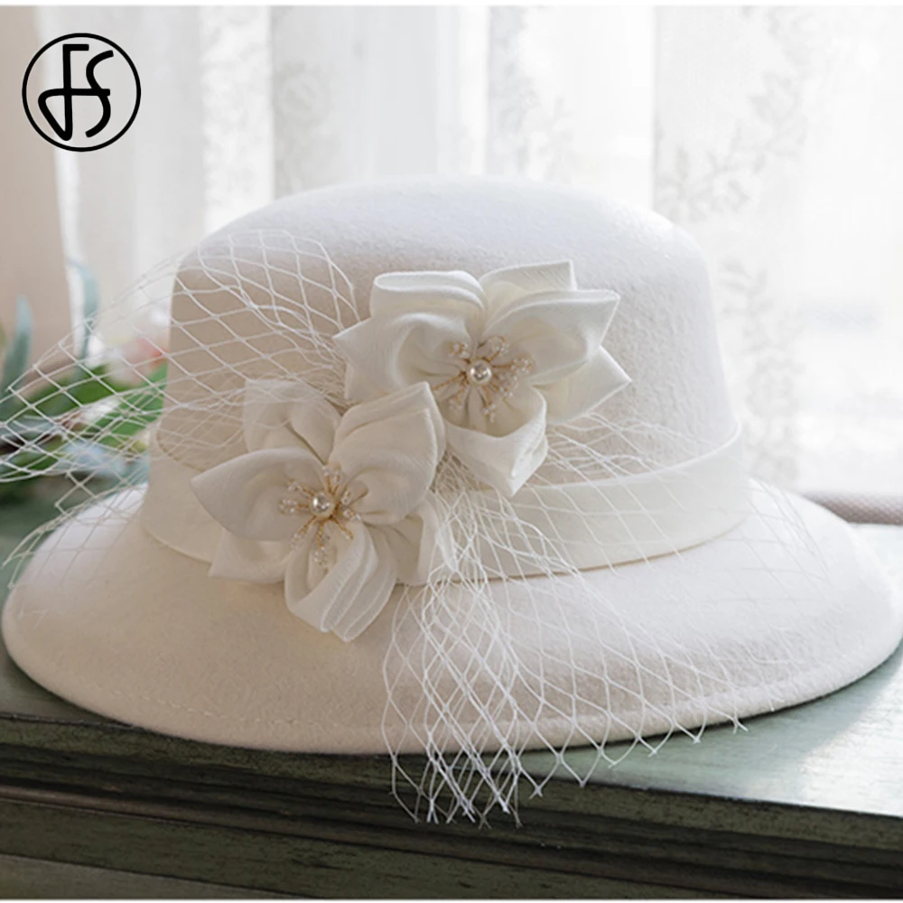 

FS Wide Brim Flower Veil Wool Felt Dome Top Basin Fedora Hats For Women Church Cloche Derby Hat Fedoras Bowler Cap Hepburn Retro