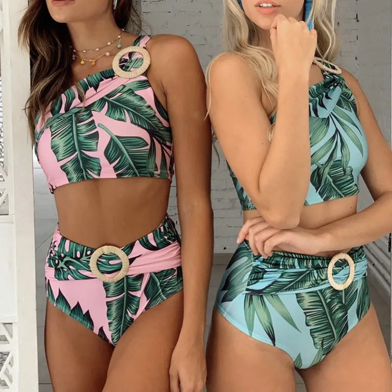 Купальник с высокой талией бикини принтом листьев пуш-ап женский купальник на