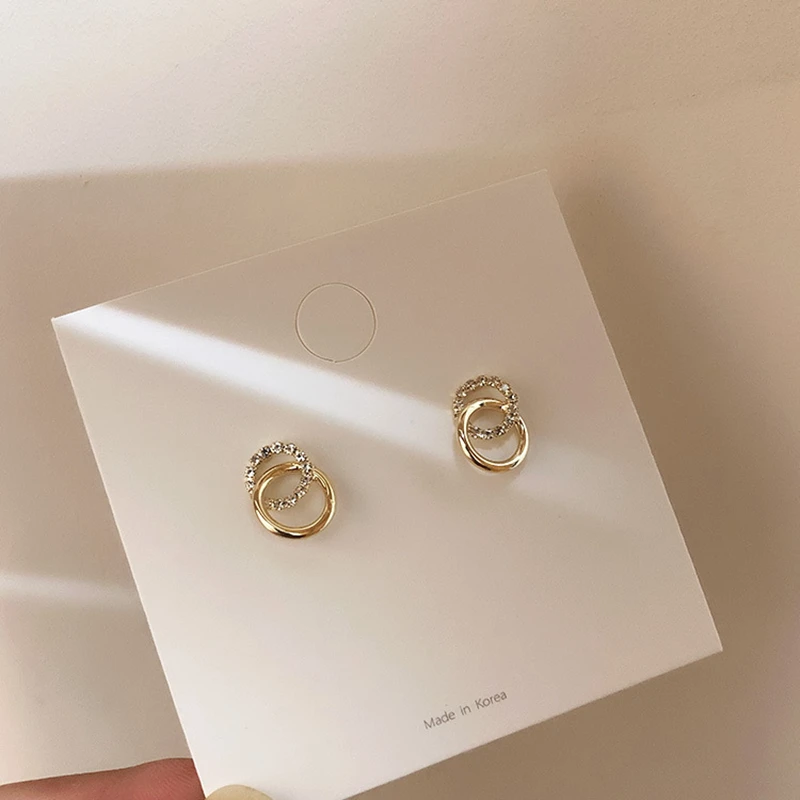 

2020 Korean Simple Double Circle Gold Color Metal Rhinestone Drop Earrings For Women Fashion Small Pendientes Jewelry Gifts