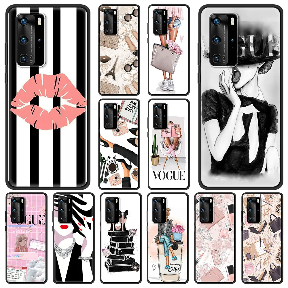 

Vogue Girl Fundas Cover Bag For Huawei Y6 Y7 2019 P30 Pro P40 Lite E P Smart Z Phone Case Silicon Soft Shockproof Shell Coque