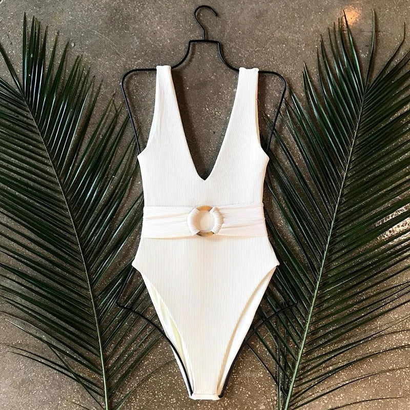 2021 White Ribbed Women swimwear one piece swimsuit Female bather Sexy high cut monokini Rings Belt Bathing Suit Swim bodysuit