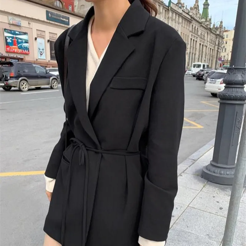 

HziriP 2021 New Autumn Vintage Blazers Women Formal Solid Notched Lace-up Casual Mid-length Blazer Loose Elegant OL Suit Jacket