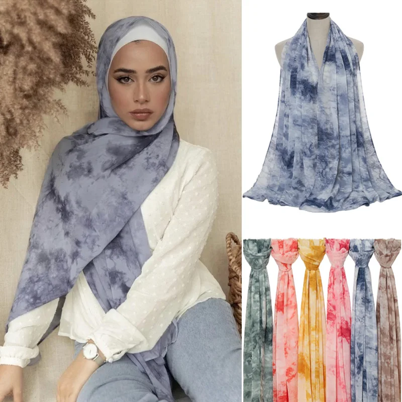 

Muslim Fashion Scarf Wrapped Tie Dye Printed Chiffon Scarf Turban Lady Islamic Shawl Headband Malaysia Turban Scarf180*70cm 2021