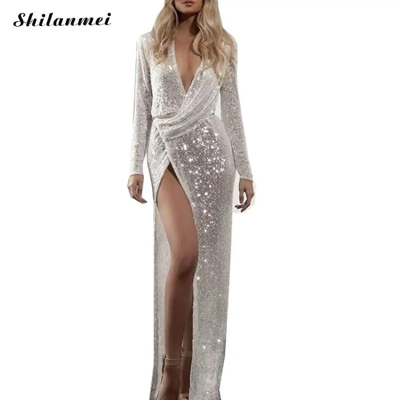 Женское вечернее платье с блестками блестящее облегающее серебристое длинным