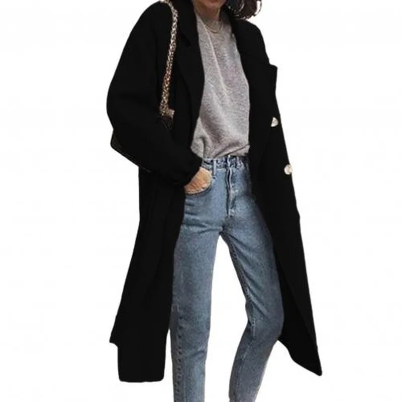 

Elegant and 2021 New Fashionable Women's Windbreaker Lapel Long-sleeved Double-breasted Loose Woolen Coat Women Korean Style