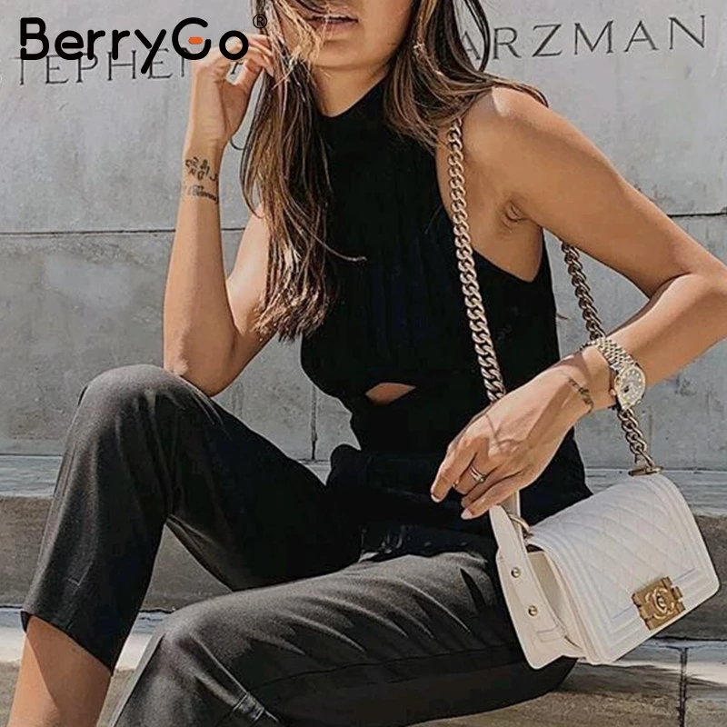 BerryGo трикотажные с воротником-стойкой однотонные Женские топы повязкой осенняя