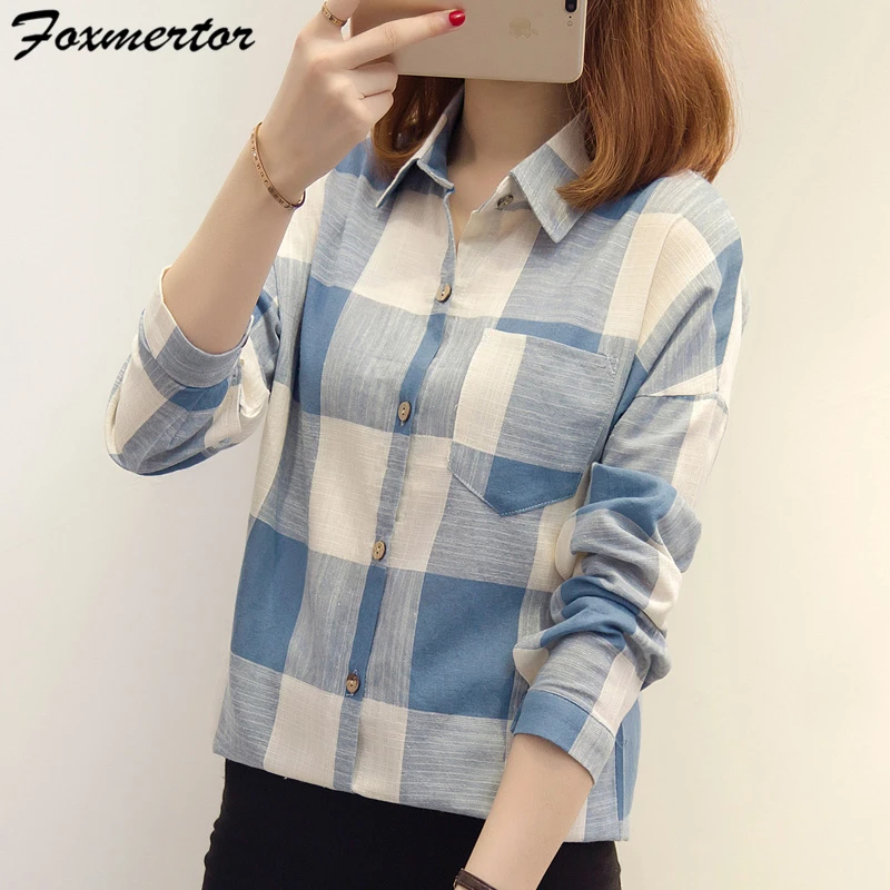 2021 женская блуза с длинным рукавом рубашки в клетку Топы Повседневные модные