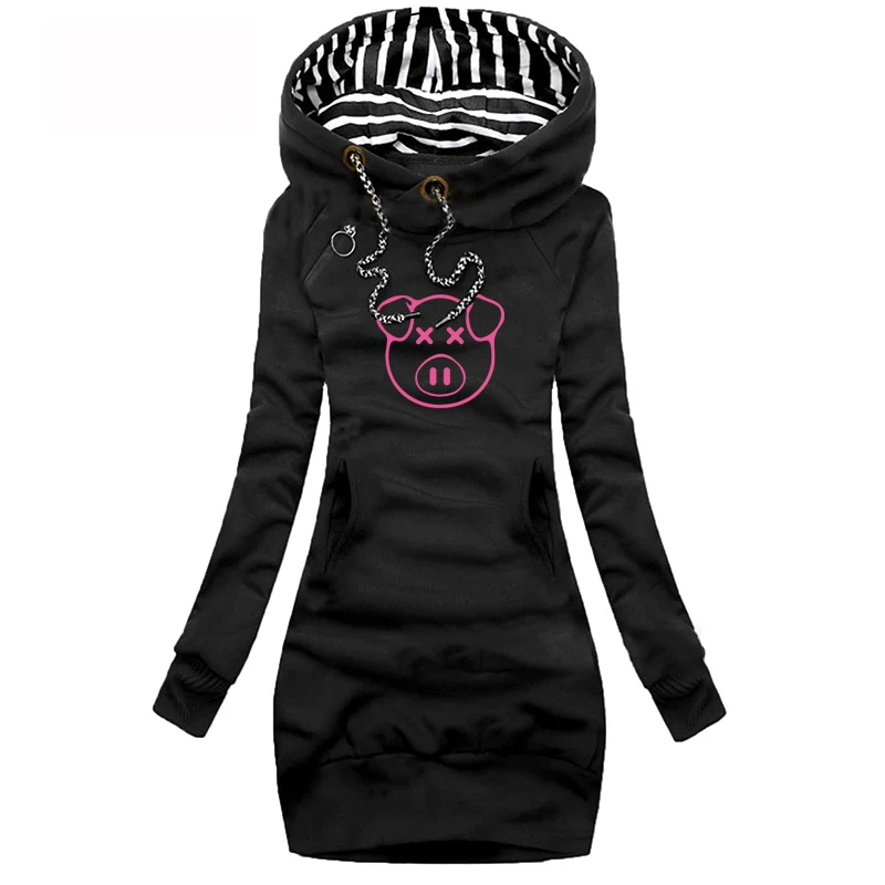 

Cute Cartoon Printed Dresses Fashion Long Sleeve Hooded Dresses Autumn Winter Warm womens Dresses