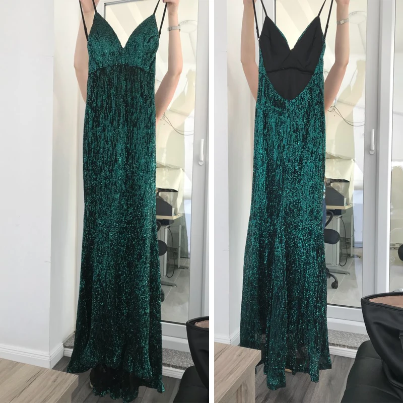 

Summer Shiny Green Sequined V Neck Maxi Dress Backless Maxi Dress Stretchy Backless Floor Length Padded Evening Party Dress