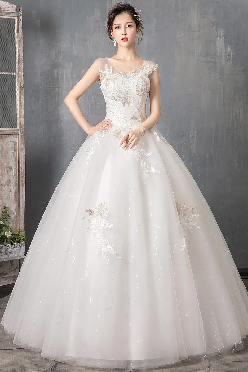 

Vestido De Noiva 2020 Gryffon Sleeveless Lace Embroidery Floor-length Lace Up Ball Gown Princess Luxury Plus Wedding Dresses