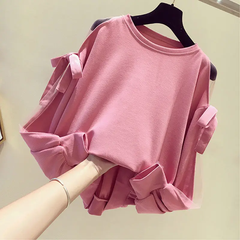 

Round Neck Sweater Women Spring and Autumn 2021 New Korean Loose Hoodless Strapless Bow Top