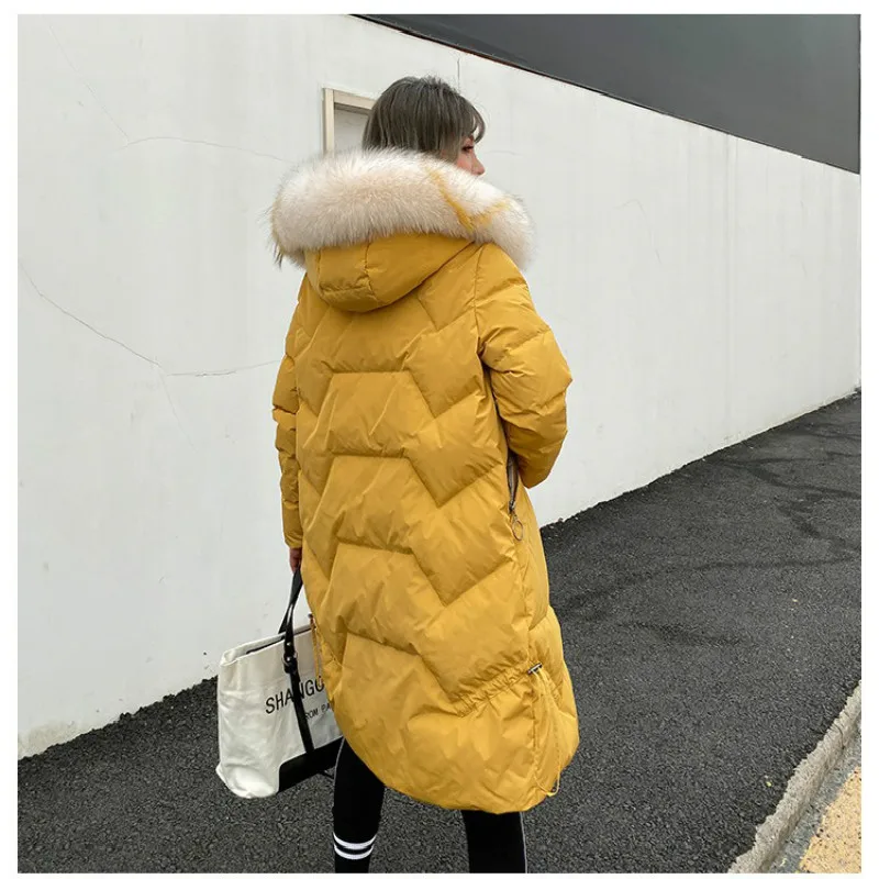

2020 New Mid-length Down Jacket Women Fishtail Big Fur Collar Loose Thick White Duck Down Women's Fashion Jacket Women Coats