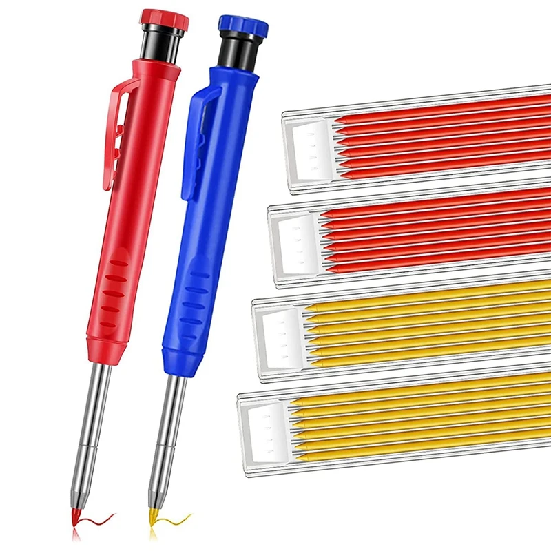 

2Pcs Solid Carpenter Pencil Set for Construction with 24 Refill Leads Built-in Sharpener, Deep Hole Mechanical Pencil