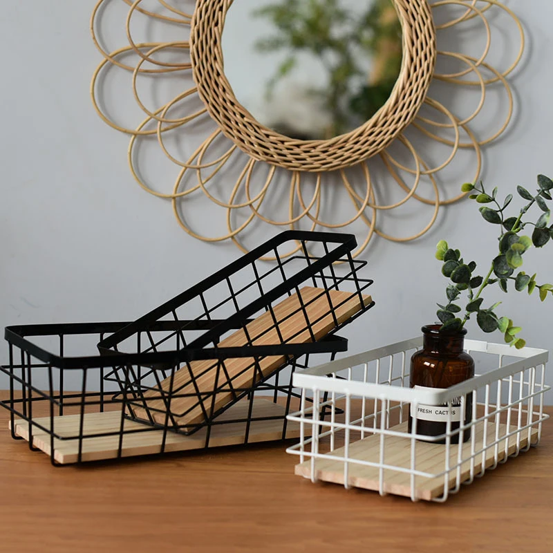 

1 PCS Iron Storage Baskets Wall-Mounted Shelves Removable Wooden Base Storage Cabinet Baskets Home Decoration