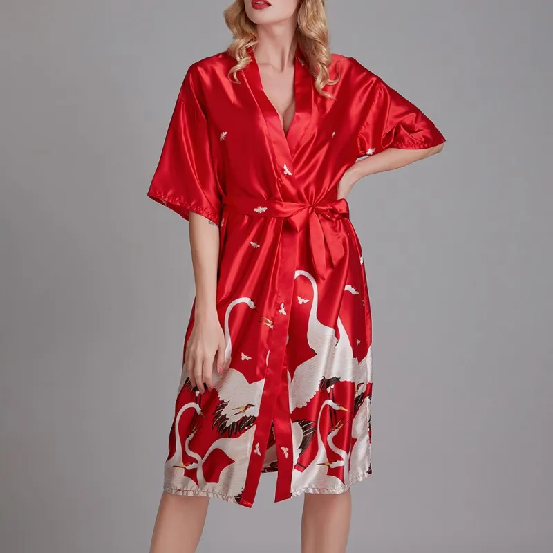 

Japanese Style Sleep Robes Ladies Kimono Imitation Silk Satin Bathrobe Comfy Breathable Prints Women Pajamas Home Wear