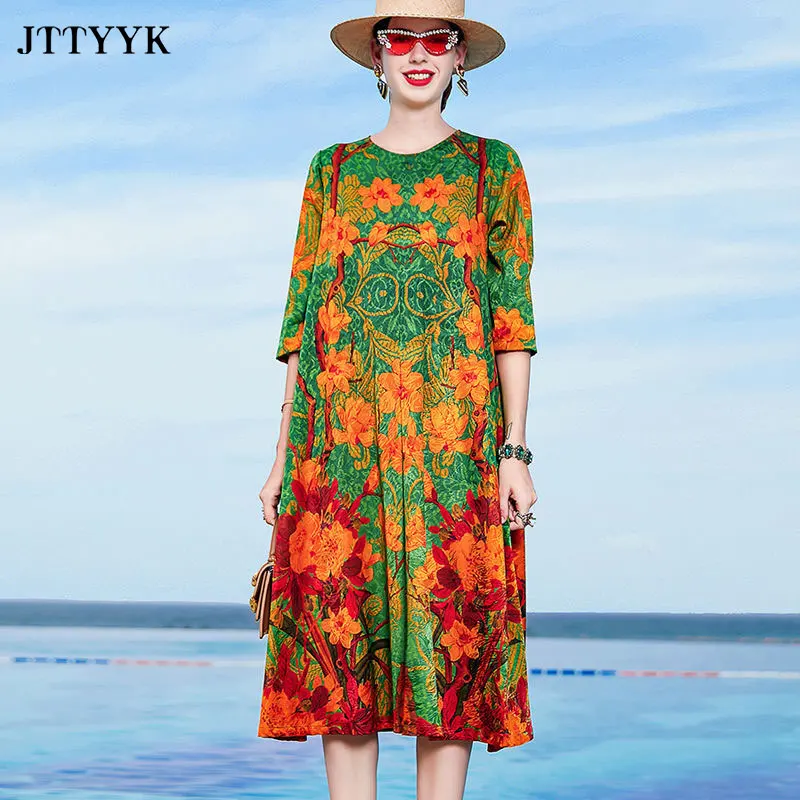 

4XL Large Size Silk Dress O-neck 2022 New Summer Long Print Dress Women Loose Elegant Casual Beach Dresses Short Sleeve Sundress