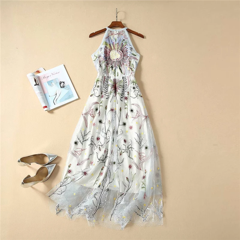 

COLOREE 2021 Spring Autumn Women Dress Elegant Runway Designer Round Neck Sleeveless Embroidery Long Dress For Female Fashion