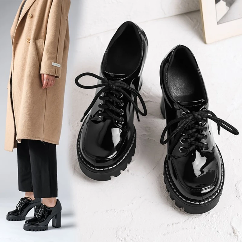 

New Spring/Autumn Shoes Women Patent Leather Round Toe Platform Black Girls Shoes Casual Square Super High Heel Pumps for Women