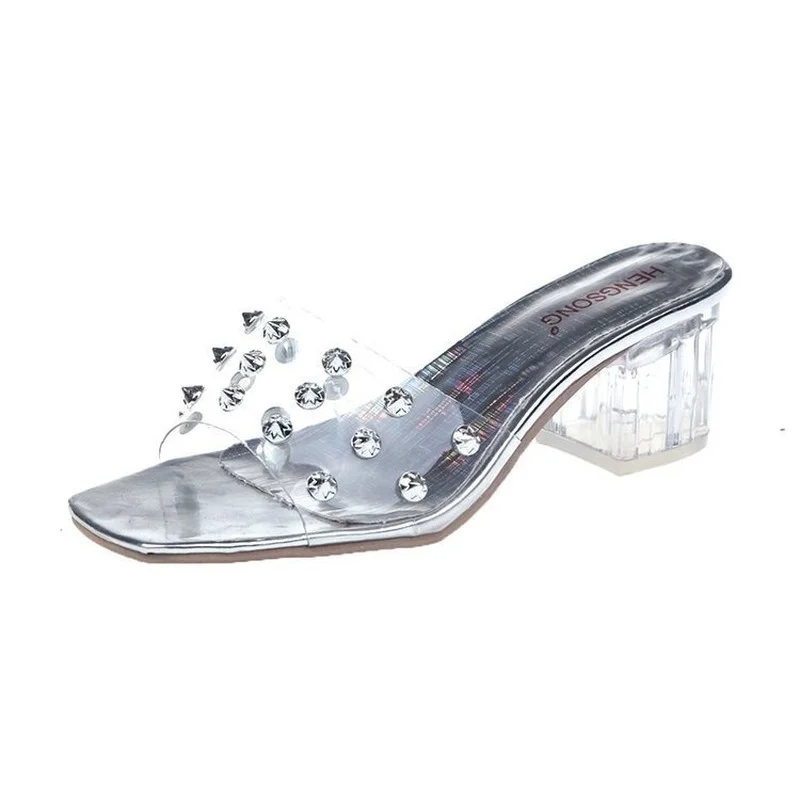 

comemore 2021 New Clear Heels Slippers Women Sandals Summer Shoes Woman Transparent High Pumps Wedding Jelly Square Toe Heels 43