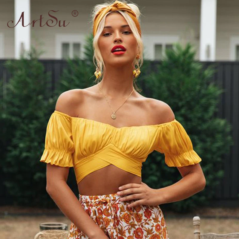 

ArtSu Red Female Cropped Bohemian Shirt Women Bow Tie Backless Off Shoulder Ruffle Crop Top Sexy Blouse 2020 Summer Bandage Tops