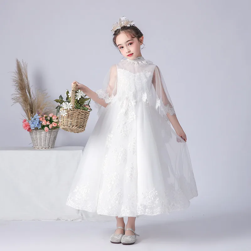 

White Flower Girl Dresses For Wedding Lace Applique Kid Birthday Party Gown First Communion Dress With Cape Girls Formal Pageant