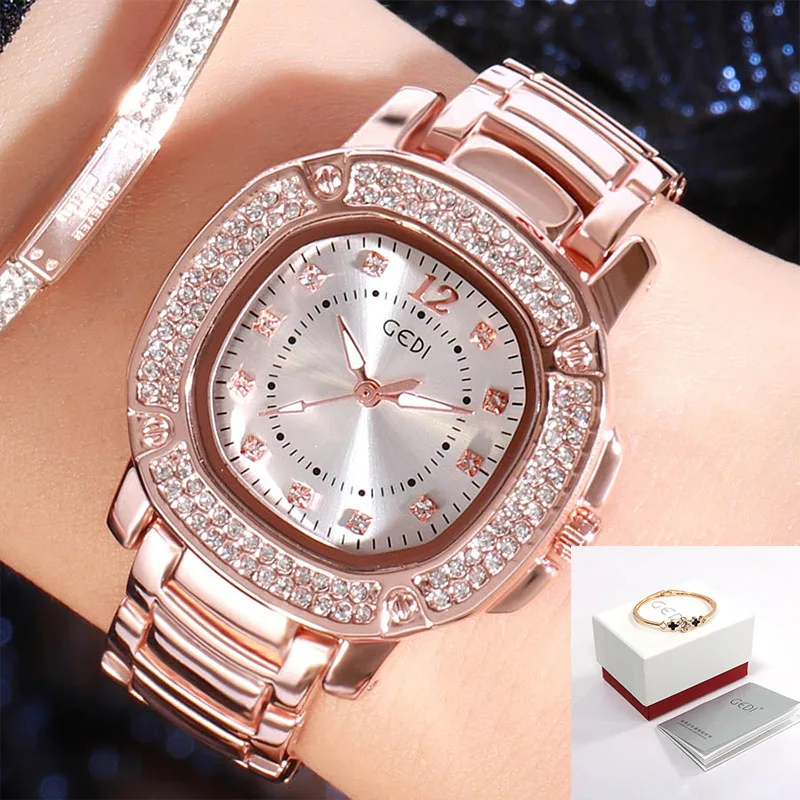 Rosegold White Box GEDI, женские часы с ремешком из сплава, женские наручные часы, повседневные кварцевые женские часы,, роскошные часы, водонепроницаемые, relogio feminino - Цвет: Rosegold White Box
