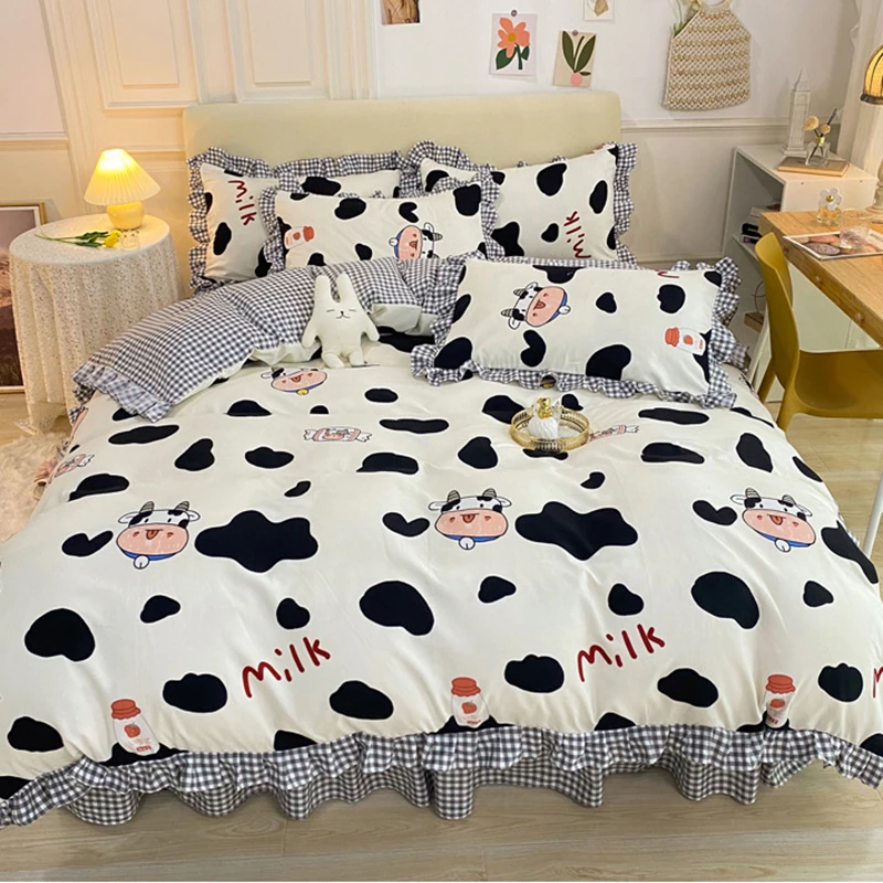 2021 Cute Lion White Bedding Set Kids Colorful Duvet Cover For Girls Bed Skirt Autumn 3/4 Pieces Lace Cartoon Linen | Дом и сад