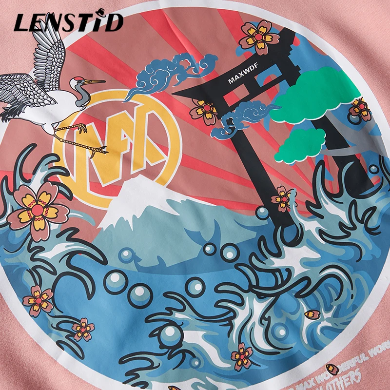 LENSTID Harajuku японские вышитые краны флисовые бархатные зимние утепленные толстовки