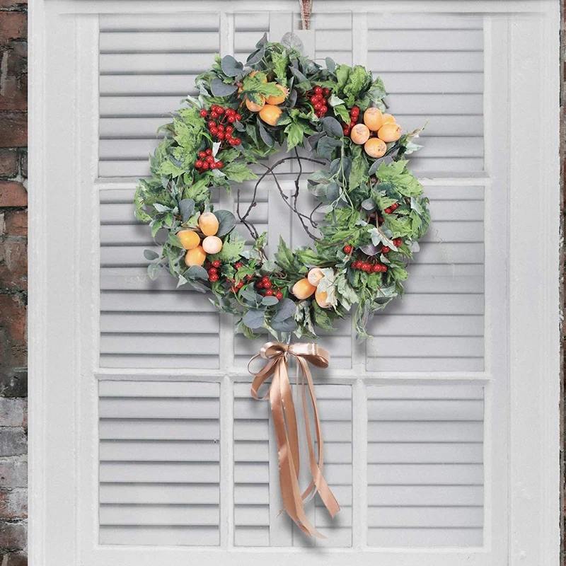 

18 Inches Harvest Wreath Handmade Autumn Green Garland Fake Floral Front Door Wreaths Hanging Decorations