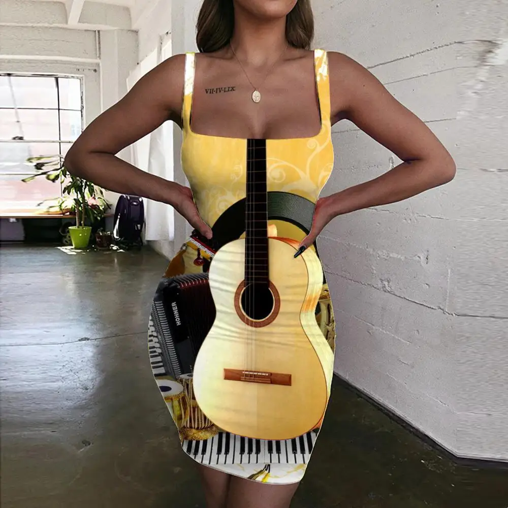 

KYKU Brand Music Dresses Women Guitar Halter Sleeveless Party Vestido Sexy Hip Hop Ladies Dresses Womens Clothing Plus Size New
