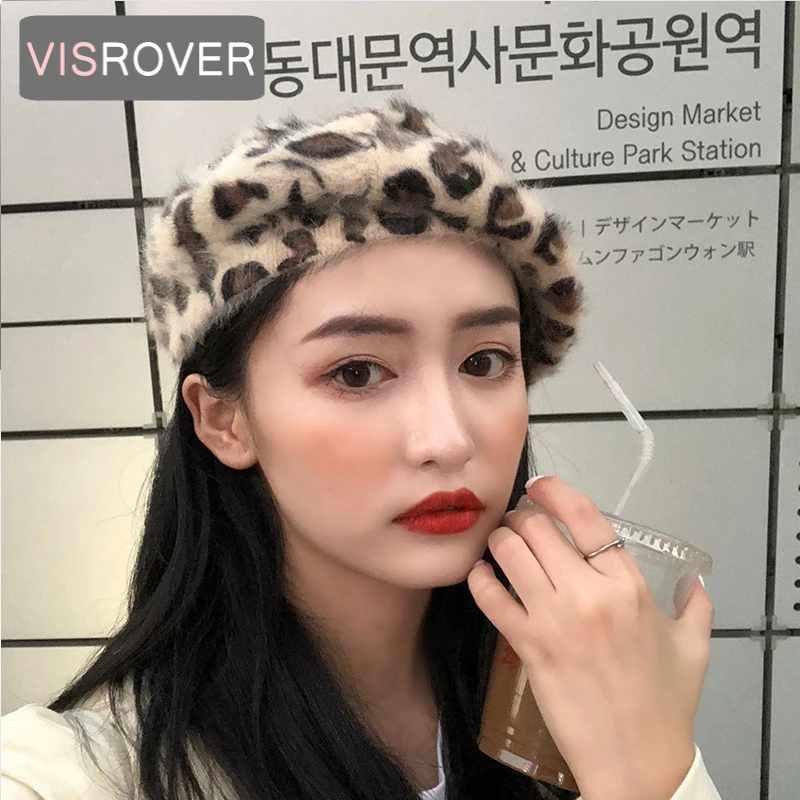 VISROVER новые женские Зимние береты с леопардовым принтом винтажные сексуальные шикарные береты из искусственного меха кролика вязаные шапки