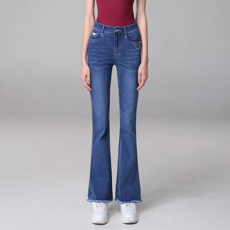 

Denim Pants Women's High Waist 2021 New Spring and Autumn Slim Slimming Retro Horn Raw Edge Long Pants Trend