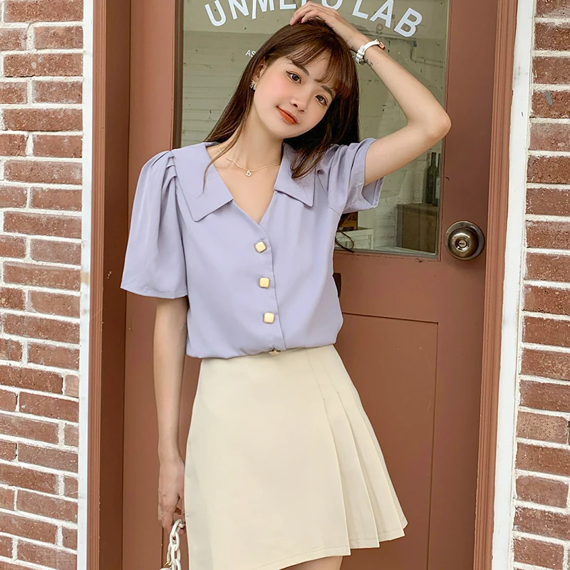 

Houthion Chiffon Slim Women's Blouses New Casual Blouse Solid Buttons Doll Collar Shirt Summer Fashion Short Sleeve Top Lady