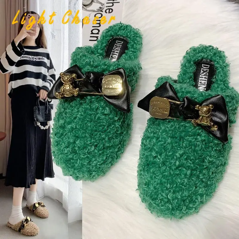 2021 New Fashion Women Casual Slippers Floor Slipper Short Plush Fleece Flat Black Lady Indoor Slippers Winter Women's Slippers