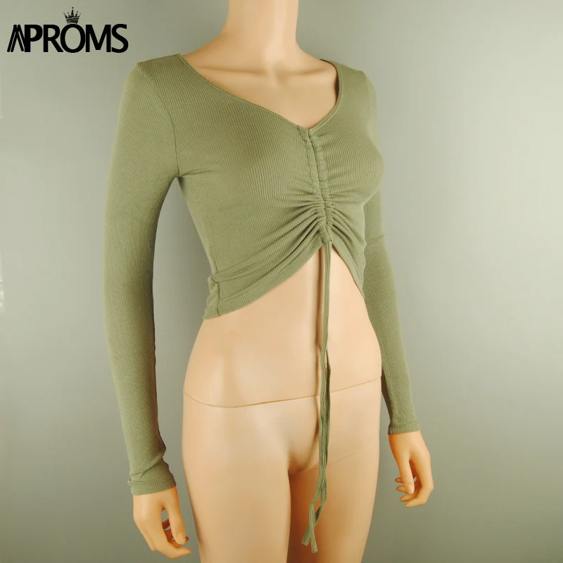 Aproms сексуальный v образный вырез ребристая укороченная футболка женская