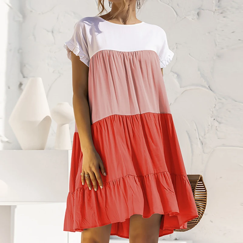 

2021 Summer Women Casual All-Match Drape Dress New Patchwork Short Sleeve Party Dress Fashion Loose O Neck Mini Dresses Vestidos