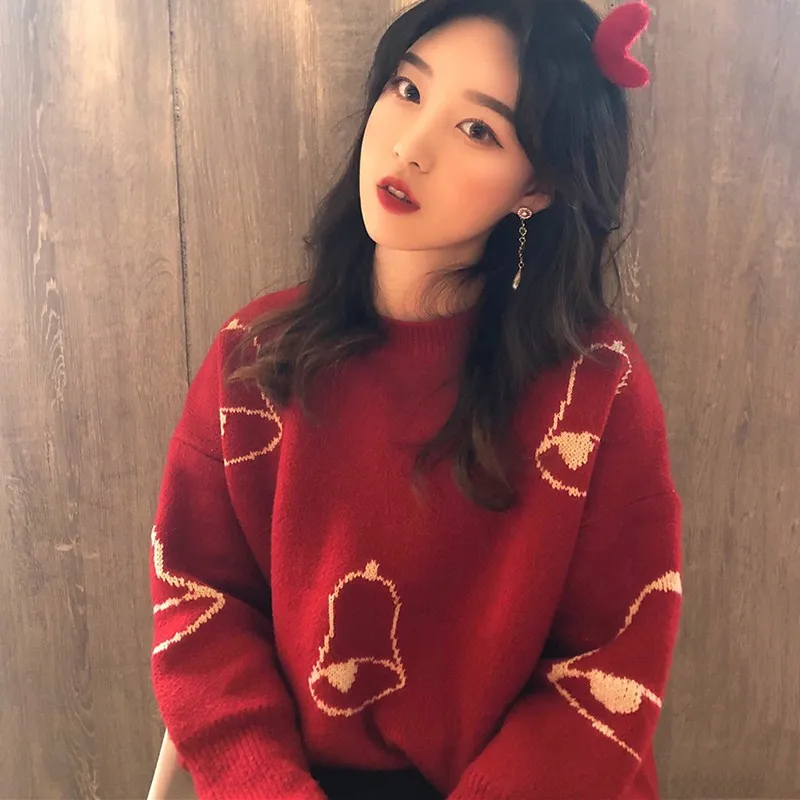 

Свитер Рождественский женский толстый Корейский стиль Свободный Повседневный красный вязаный пуловер для женщин