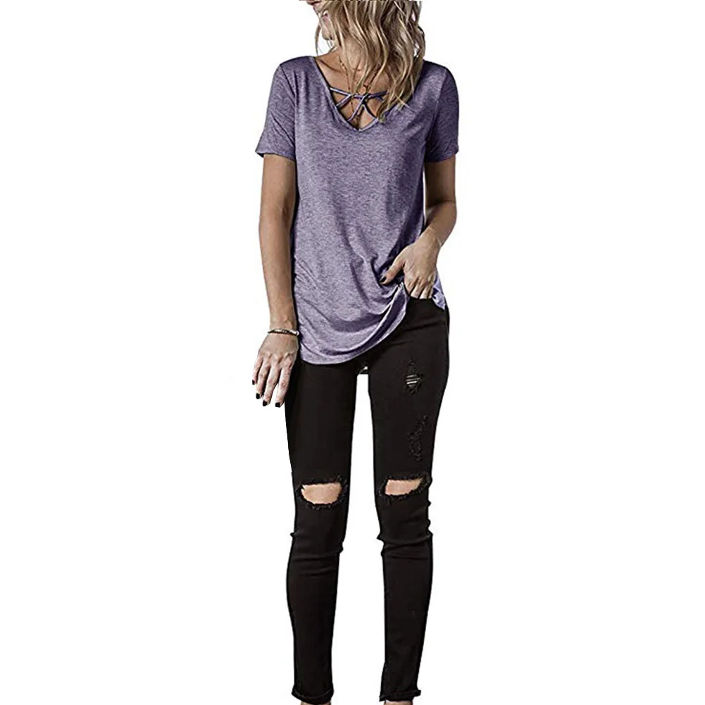 V шеи летние топы с коротким рукавом Свободные повседневные Крест-Накрест