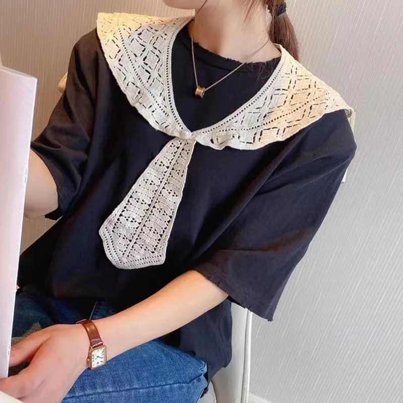 

Pearl Button Tie False Collar Small Shawl For Women Female Hollow Out Warm Neck Detachable Shirt Fake Collars Clothes Accessory