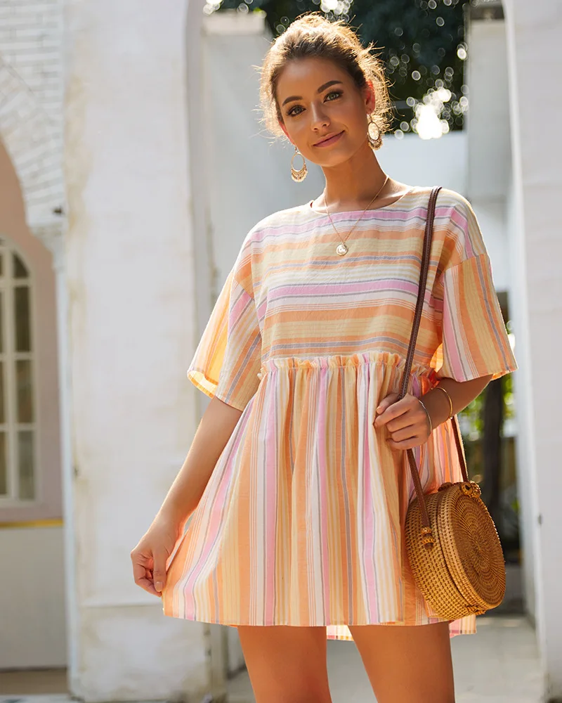 

Summer 2021 women's clothing Fashion leisure vacation travel dress stripe stitching round neck skirt girl plus size Dresses